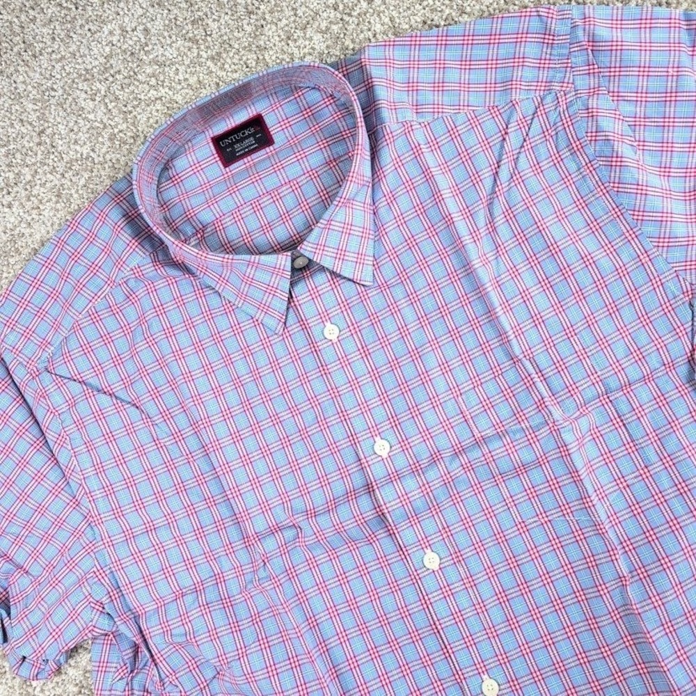 UNTUCKit‎ Mens XXL Short Sleeve Plaid Button Down Shirt Red Blue Sauterns